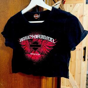 Black,Red, with White writing Harley Davidson Cropped T-Shirt!